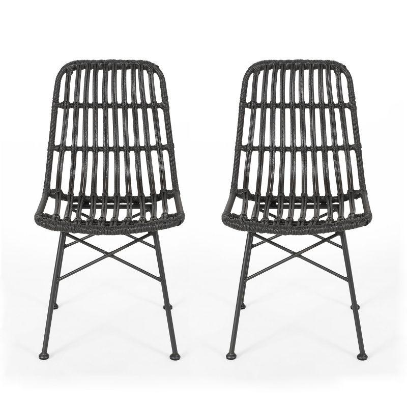 GDFStudio Braymer Outdoor Wicker and Iron Dining Chairs (Set of 2), Gray