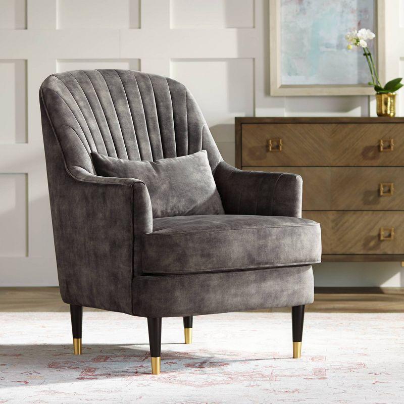 Charcoal Gray Velvet Handcrafted Accent Chair with Lumbar Pillow