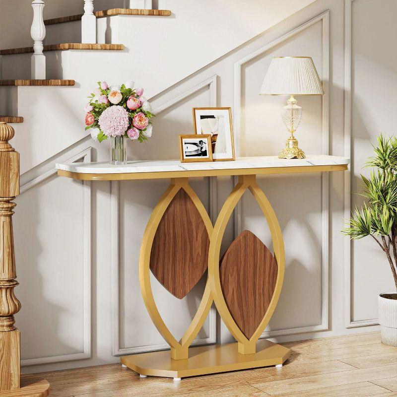 Gold and White Faux Marble Console Table with Geometric Base