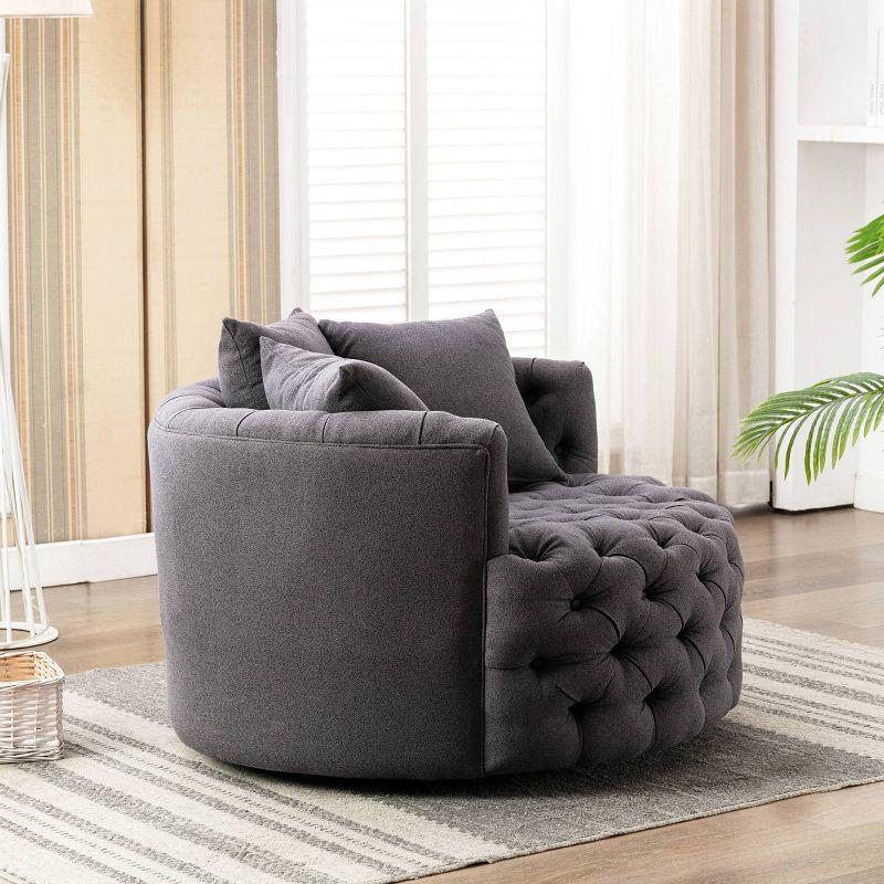 Dark Gray Tufted Swivel Barrel Chair with Pillows