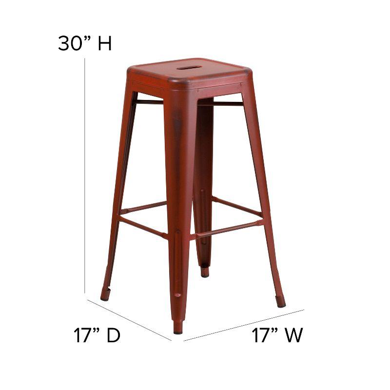 Merrick Lane Metal 30" Bar Height Stool with Distressed Kelly Red Powder Coated Finish and Integrated Floor Glides
