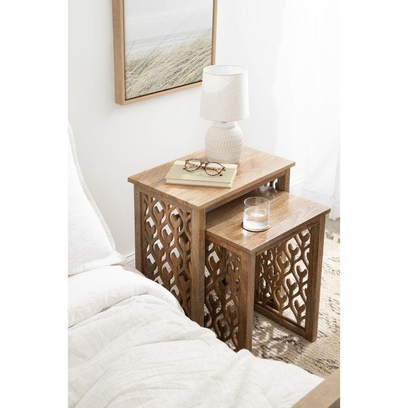 Natural Mango Wood Hand-Carved Nesting Tables, Set of 2