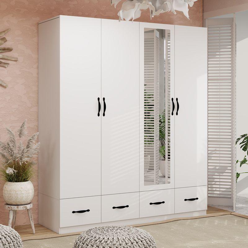 Keloyid White Wood 62.99 in. Armoire with 4 Drawers, 3 Shelves and Hanging Rails