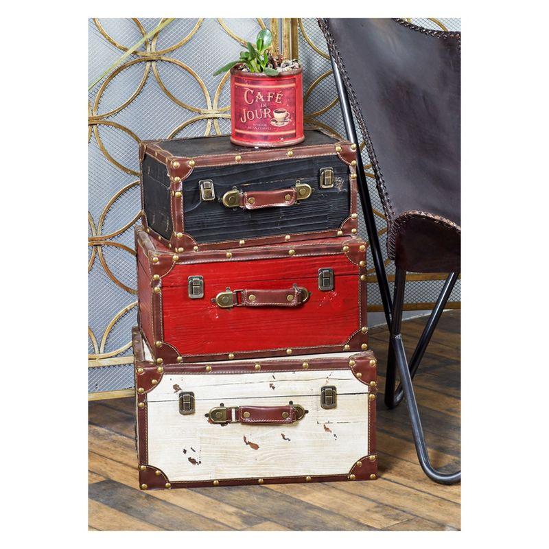 Set of 3 Multicolor Wood and Leather Storage Trunks