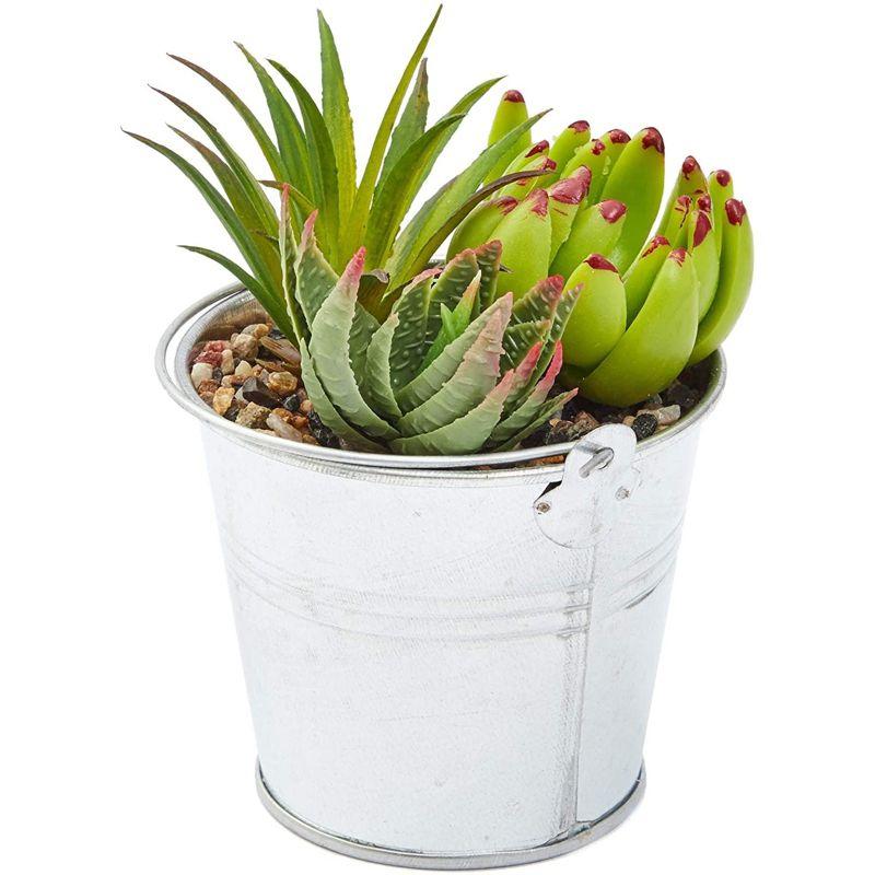 Juvale 4 Pack Artificial Succulents Plants, Faux Fake Cactus with Iron Bucket for Garden & Patio Decor, 6.5 in