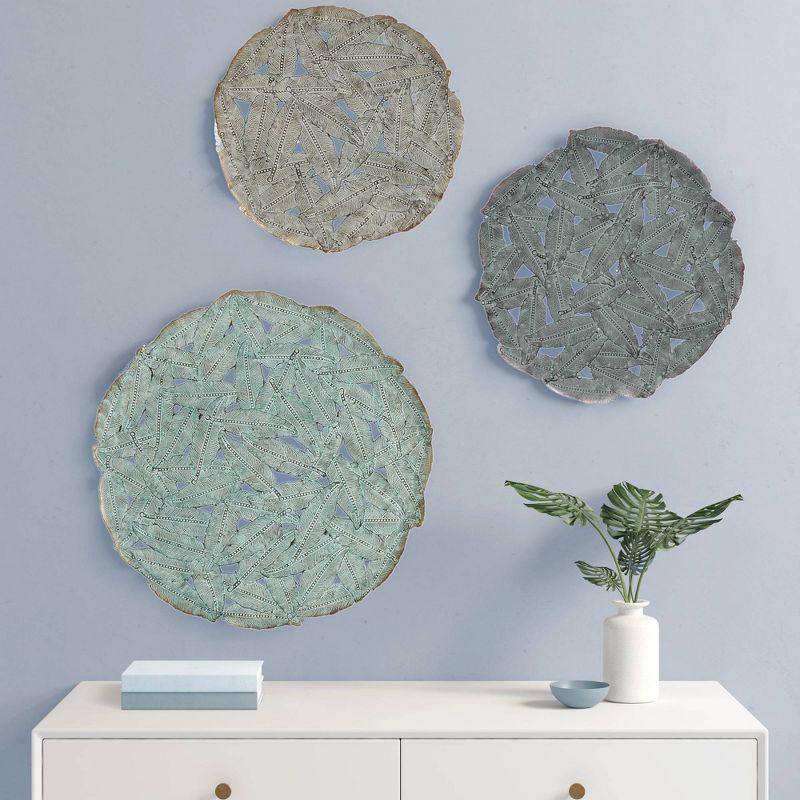 Set of 3 Jax Iron Painted Wall Decor Blue: Madison Park Metal Artwork, Botanical Cast Sculpture, Modern Style