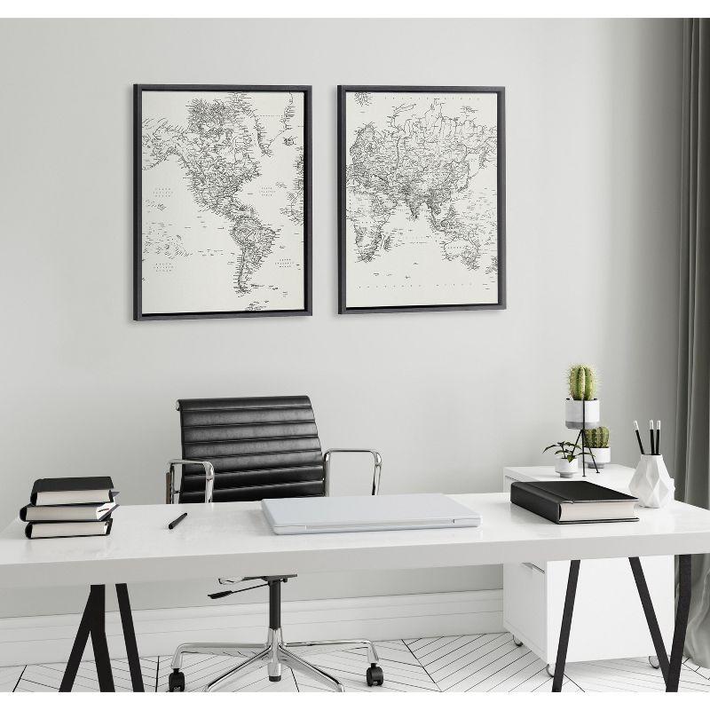 Vintage Black and White World Map Framed Canvas Set