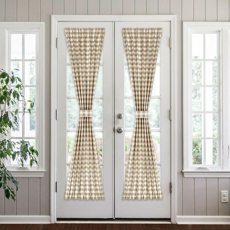Kate Aurora Plaid Country Farmhouse French Door Curtain Panel With Matching Tieback - 25W x 40L, Linen
