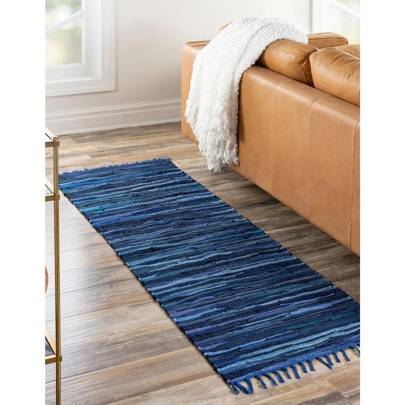 Handmade Navy Blue Stripe Indoor Runner Rug with Easy Care