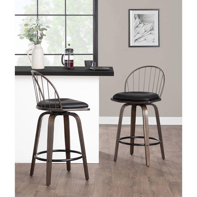 Walnut Bronze Swivel Counter Stool with Metal Backrest and Faux Leather Cushion