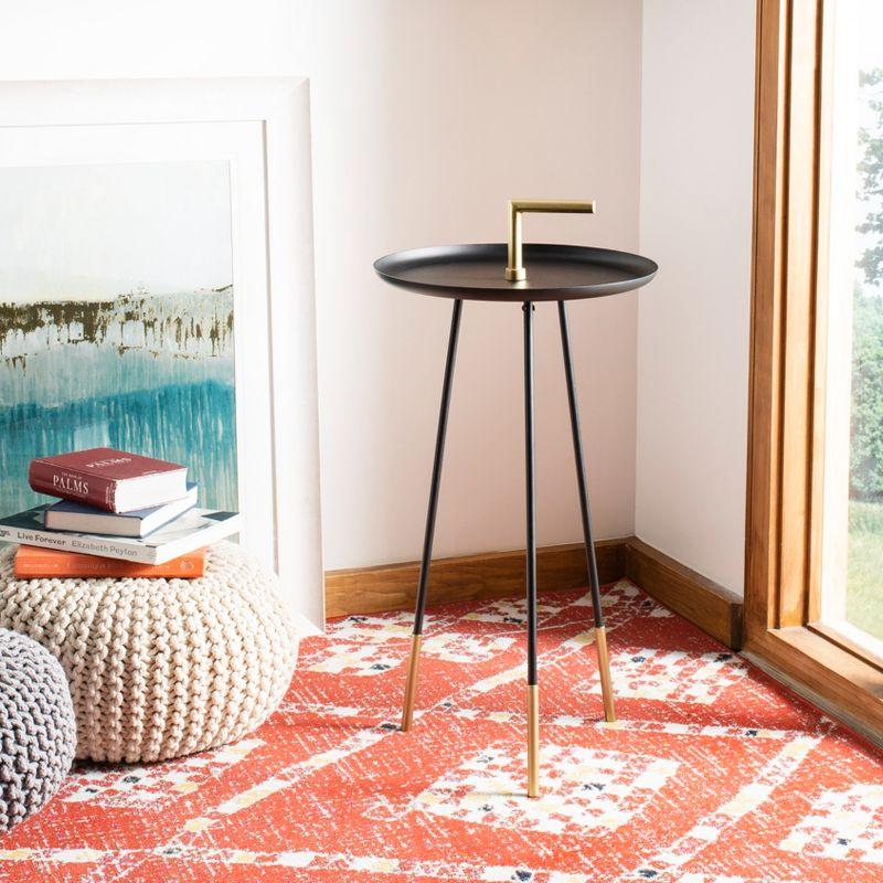 Transitional Round Black & Gold Metal-Wood Side Table with Handle