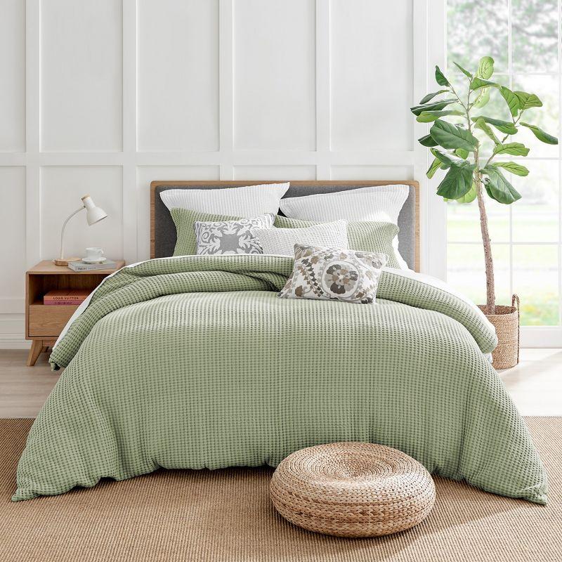 Organic Cotton Waffle Grey Pewter and Sage Full Duvet Set