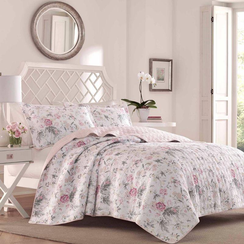 Vintage Cottage Pink & Gray Floral Cotton Quilt Set - Full/Queen