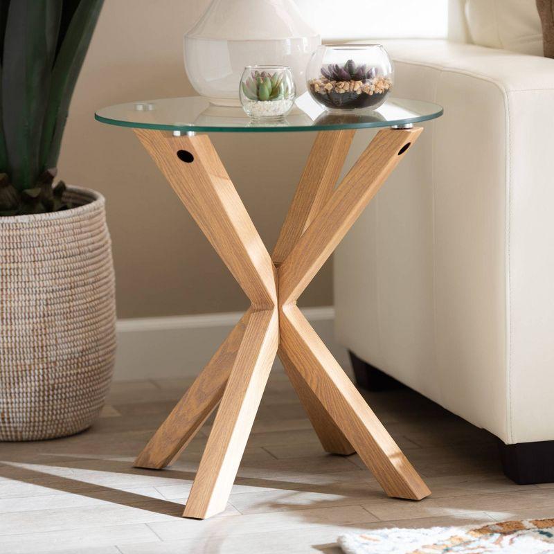 Lida Glass and Wood Finished End Table Clear/Natural - Baxton Studio: Scandinavian Style, Round Shape, Metal Frame