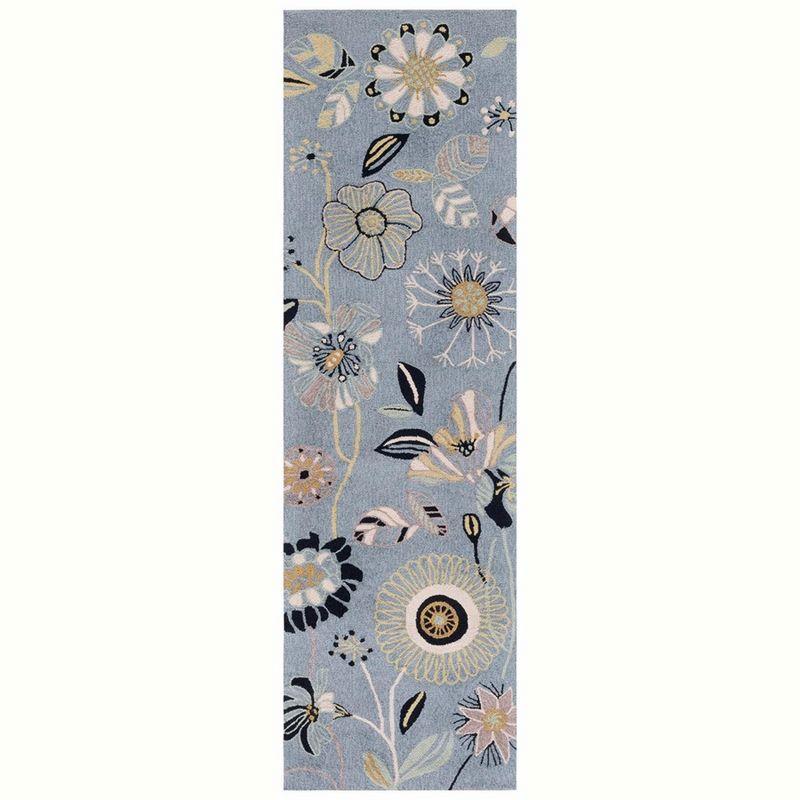 Blue Floral Hand-Hooked Synthetic Runner Rug