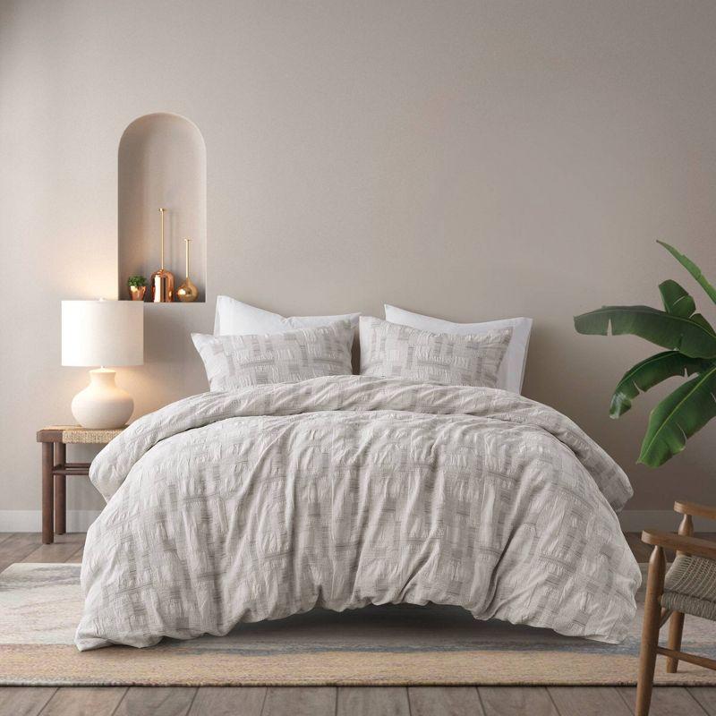 Ivory Cotton Jacquard King Duvet Set with Geometric Pattern