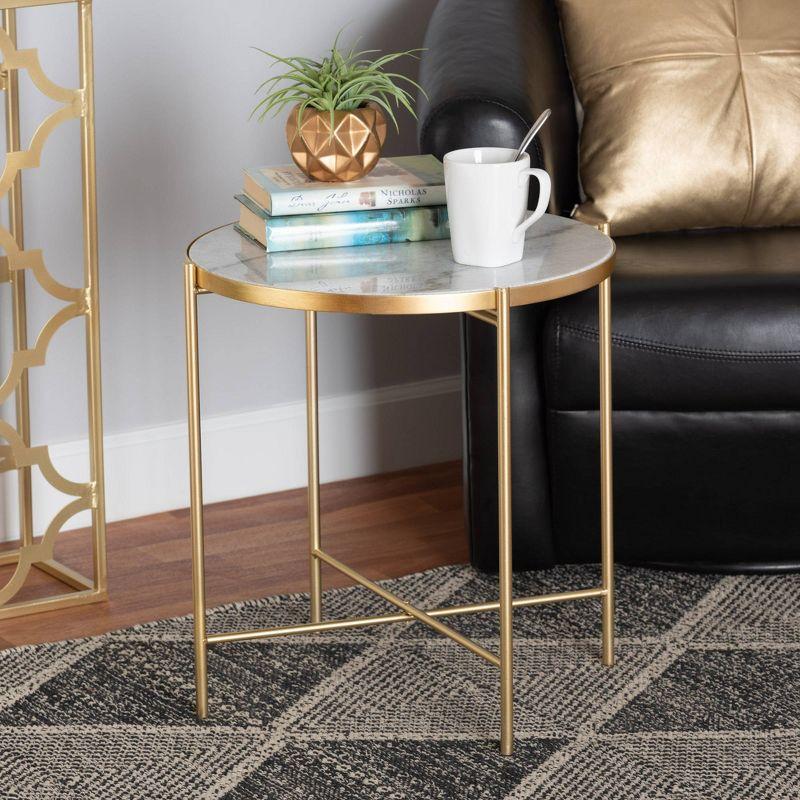 Maddock Metal End Table with Marble Top: No Assembly, Round Side Table - Baxton Studio