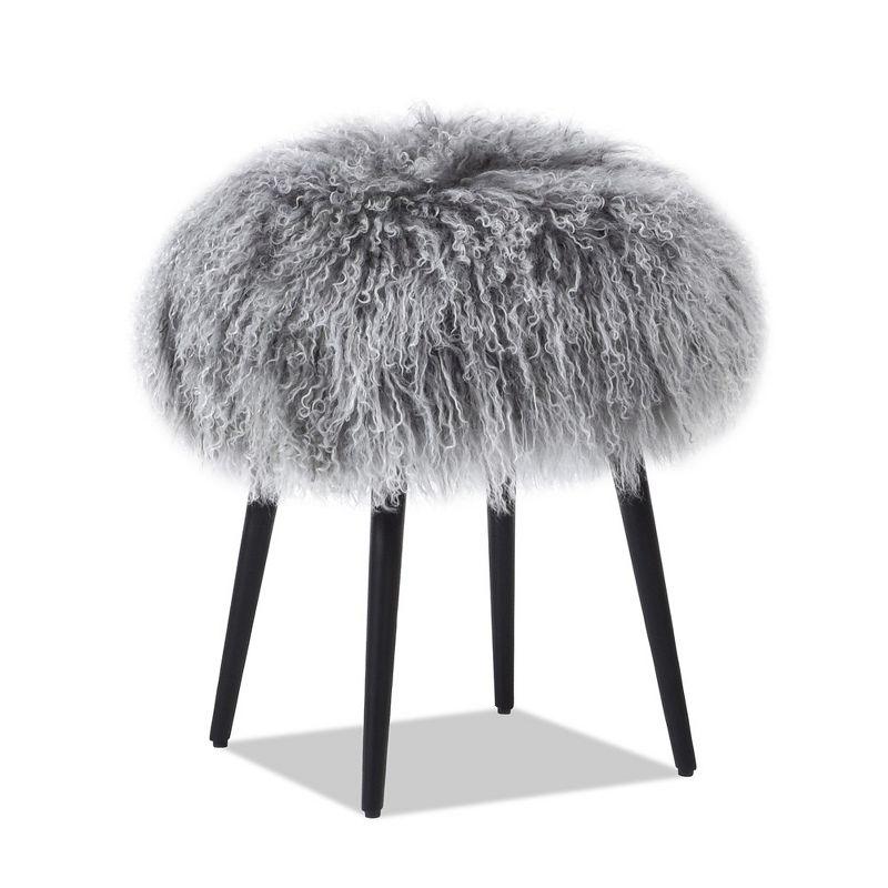 Dimensional Gray Mongolian Sheepskin Round Ottoman with Black Metal Legs