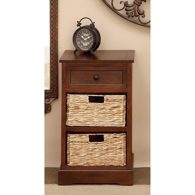 Elegant Brown Wooden Side Chest with Wicker Drawers - 33" x 20.5"