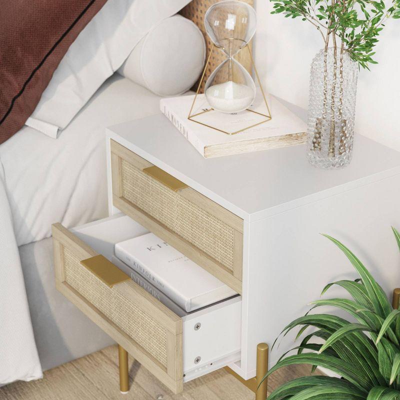 White and Gold Rattan 2-Drawer End Table with Metal Legs