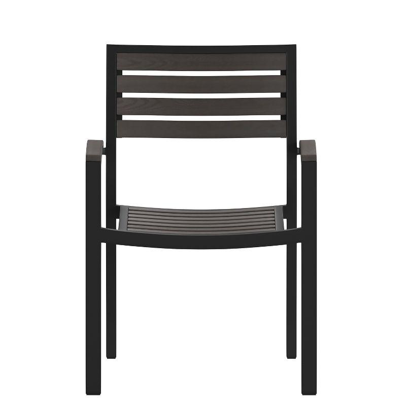 Flash Furniture 2 Pack All-Weather Black Aluminum Patio Stack Chairs - Gray Wash Faux Teak Slats