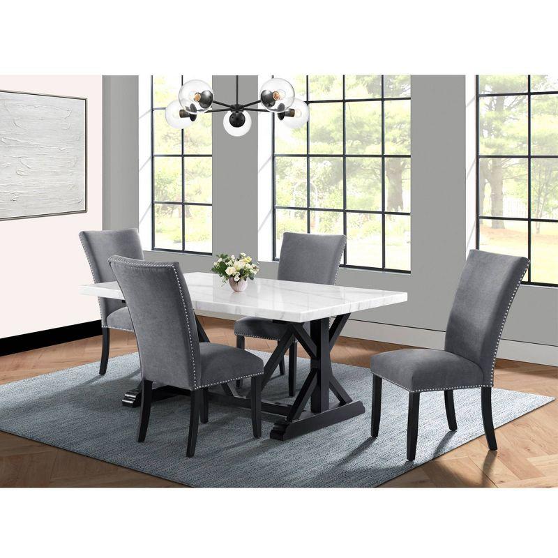 Stratton Standard Height Dining Set with Marble Top and Charcoal Upholstered Chairs