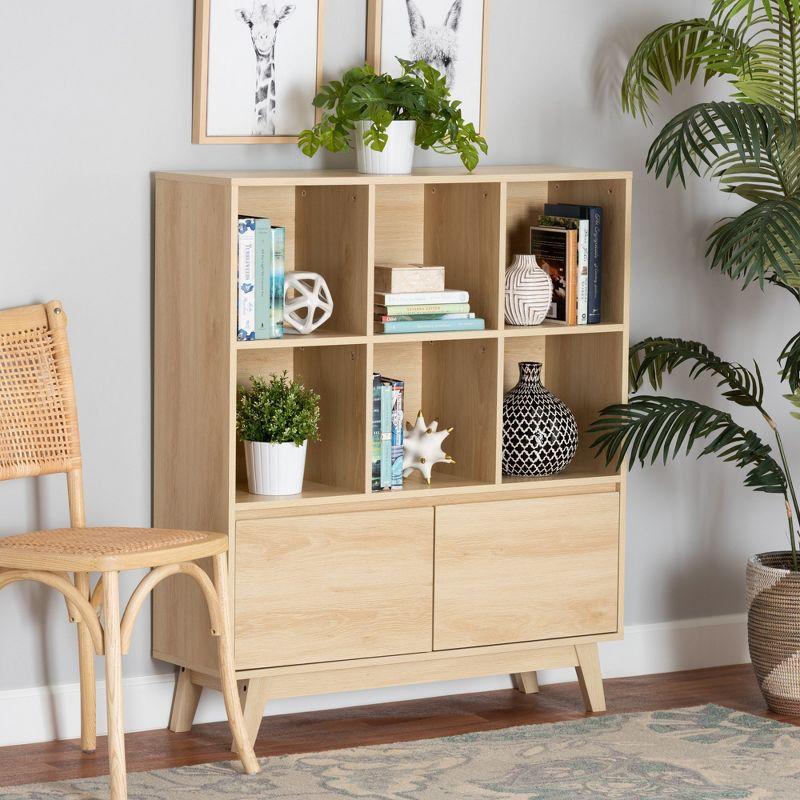 Danina Oak Brown Wood Bookshelf with Doors and Cubes