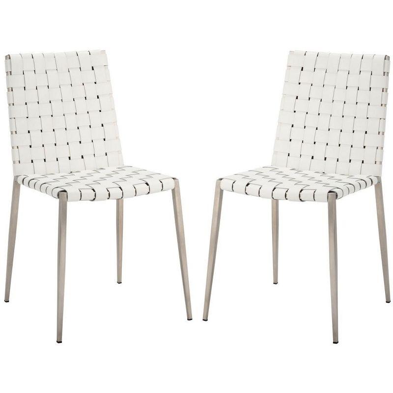 White Leather Upholstered Parsons Side Chair with Metal Base