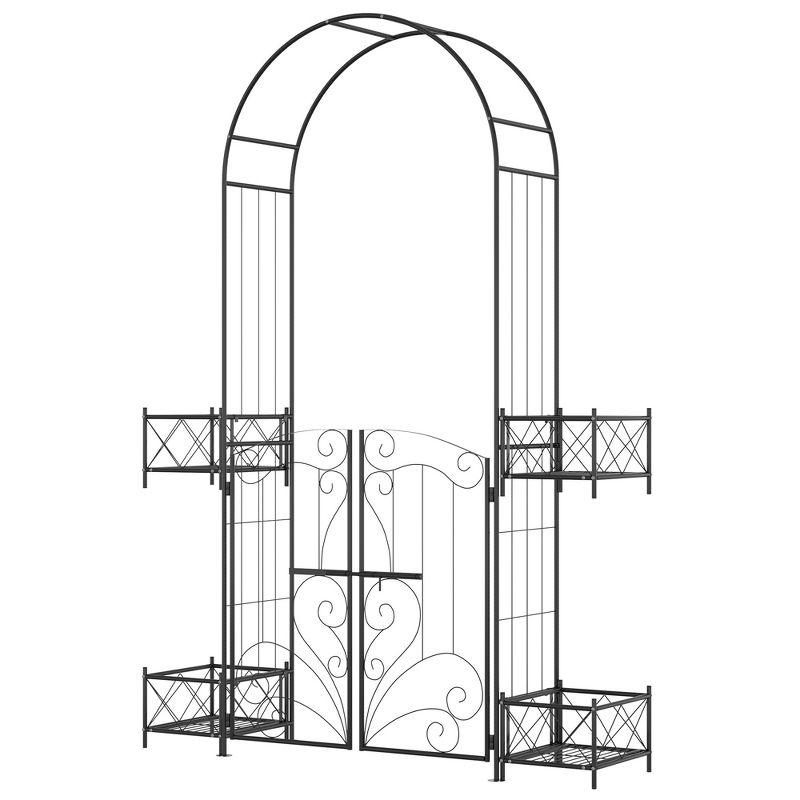 Outsunny 7' Metal Garden Arbor, Garden Arch with Gate, Scrollwork Hearts, Latching Doors, Planter Boxes for Climbing Vines, Ceremony, Weddings, Black