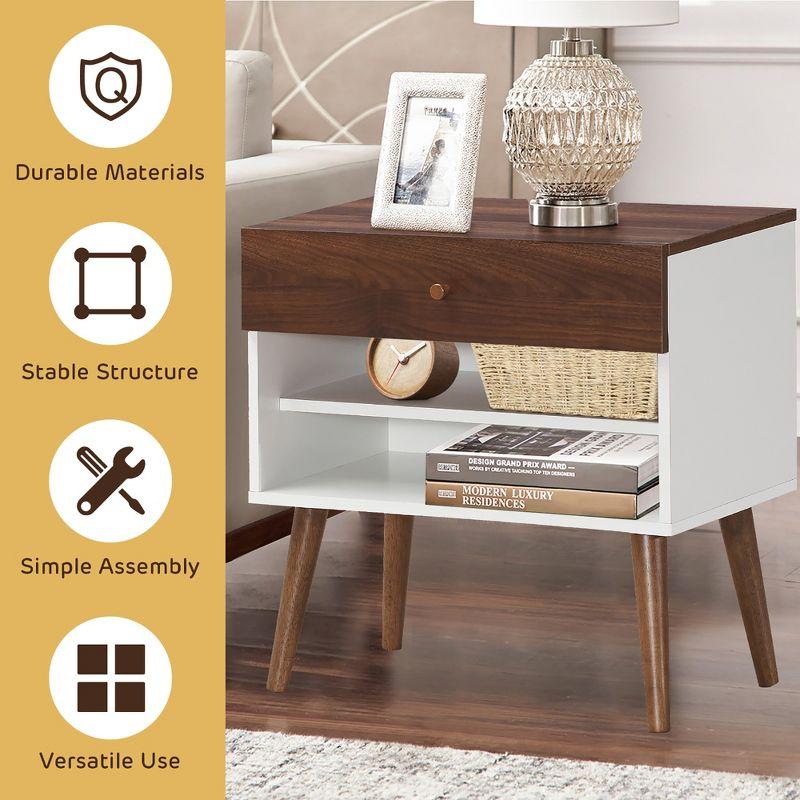 Costway 2PCS Nightstand End Side Table Drawer Storage Shelf Mid-Century Rubber Wood Leg