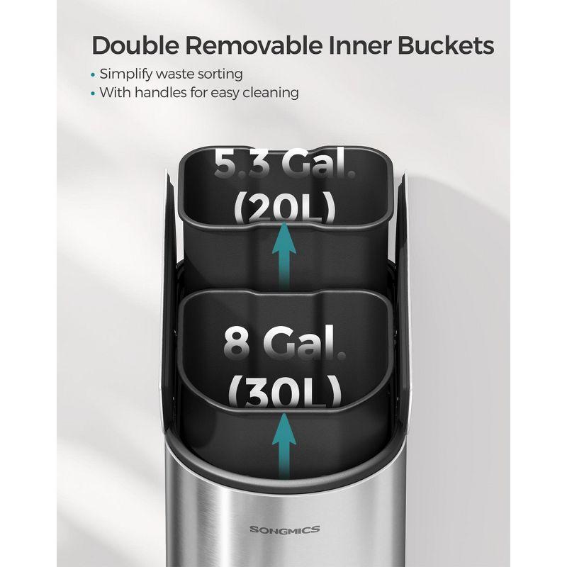 SONGMICS 13-Gal ( 50L ) Dual Kitchen Trash Can,Garbage Can with Wing Lids, Stainless Steel, Soft Close, Inner Buckets, with 15 Trash Bags, Silver