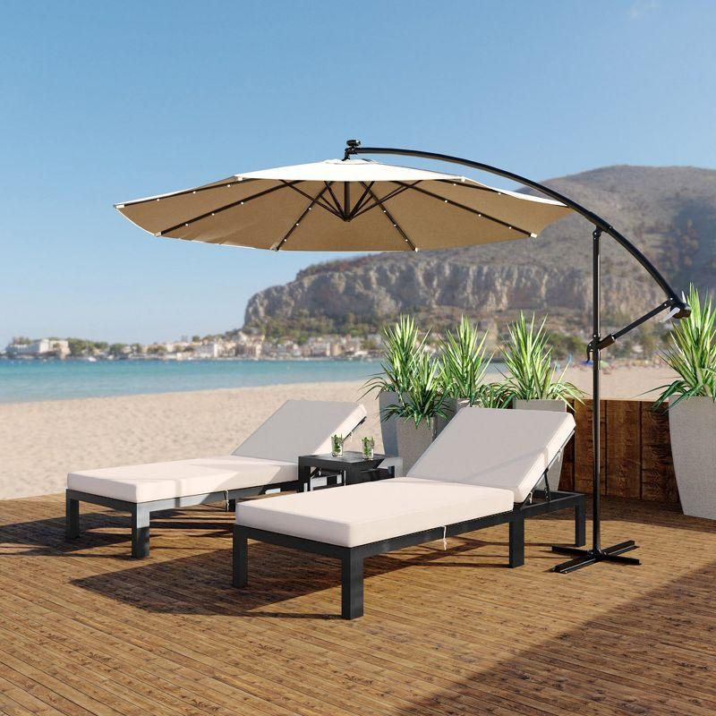 LeisureMod Chelsea Modern Outdoor Chaise Lounge Chair Set with Side Table, Black Aluminum – Set of 2 in Beige