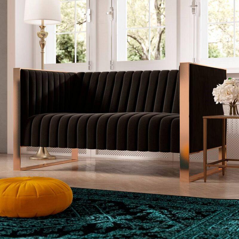 Black Velvet Loveseat with Gold Metal Frame