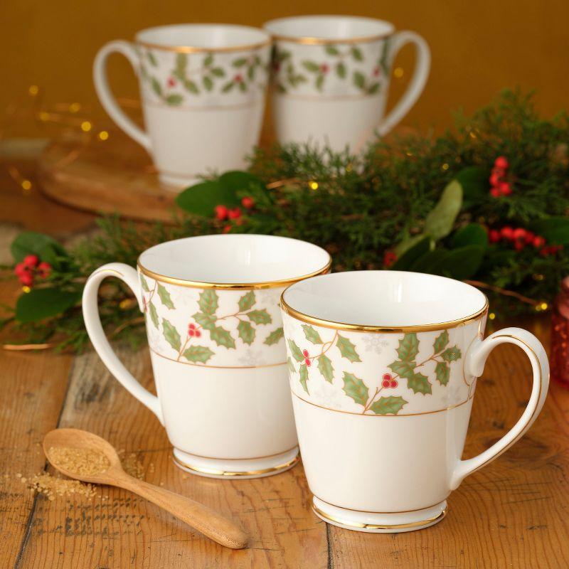 Holly and Berry Gold Ceramic Christmas Mugs, Set of 4