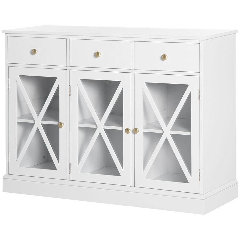 Gracie Oaks 45" Farmhouse Sideboard Buffet Cabinet, Credenza,Coffee Bar Cabinet with Glass Doors and 3 Drawers, White