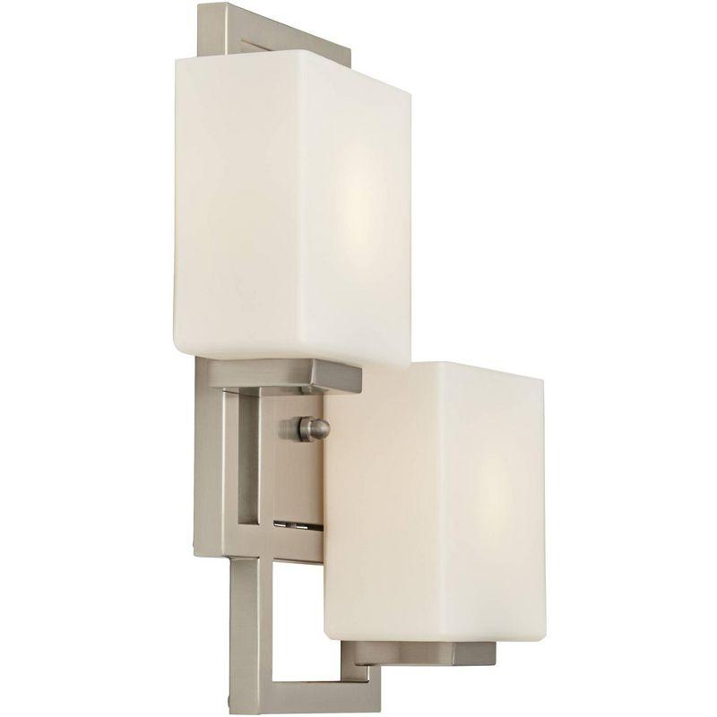 Possini Euro Design Modern Wall Light Sconce Brushed Nickel Hardwired 15 1/2" 2-Light Fixture Square Opal Glass Bedroom Bathroom