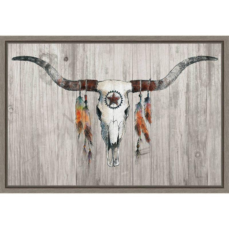 Rustic Longhorn Skull with Feathers Framed Canvas Art