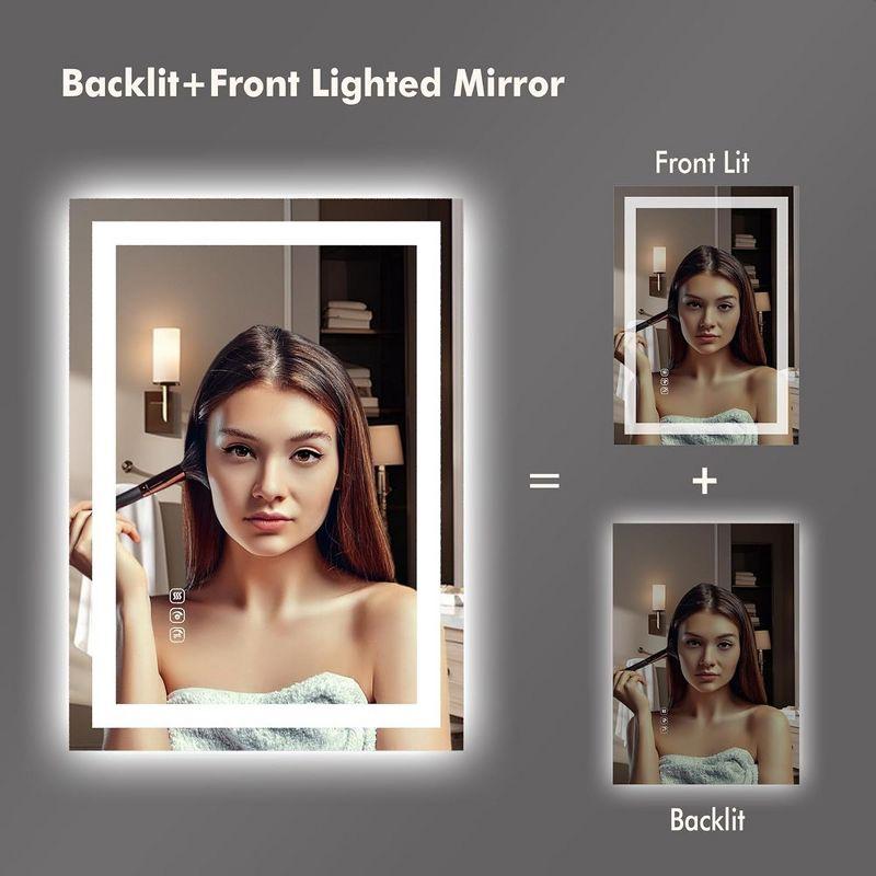 LED Bathroom Mirror 20X28¡° Wall-Mounted Vanity Mirrors Stepless Dimmable Wall Mirrors with Anti-Fog, Backlit + Front Lit, Memory Function, Waterproof