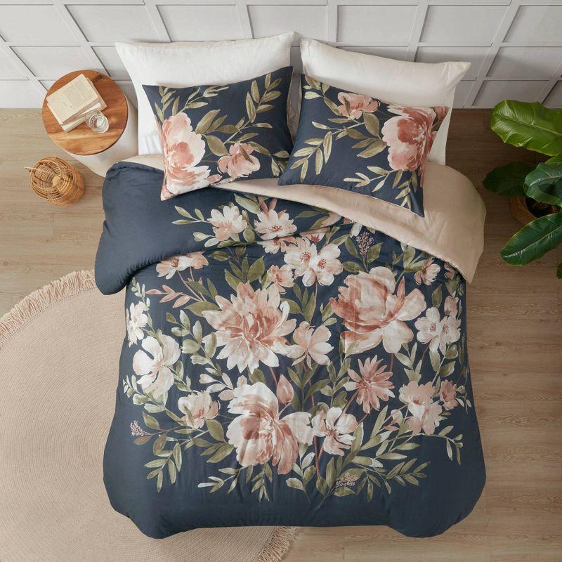 Camillia Navy Floral Cotton Full/Queen Duvet Cover Set