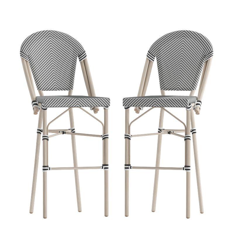 Emma & Oliver Massalia Set of 2 Indoor/Outdoor Bistro 30" High Barstools, Commercial Grade, Black/White and Light Bamboo Finish