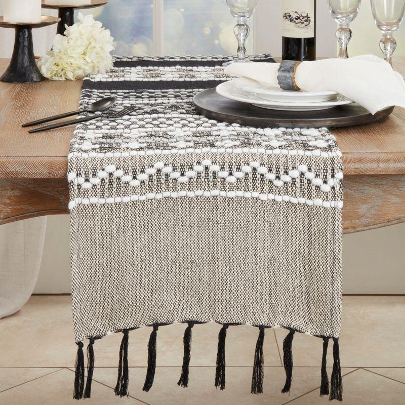 Saro Lifestyle Crafted Multi-Pattern Fringed Table Runner, Black, 16"x72"