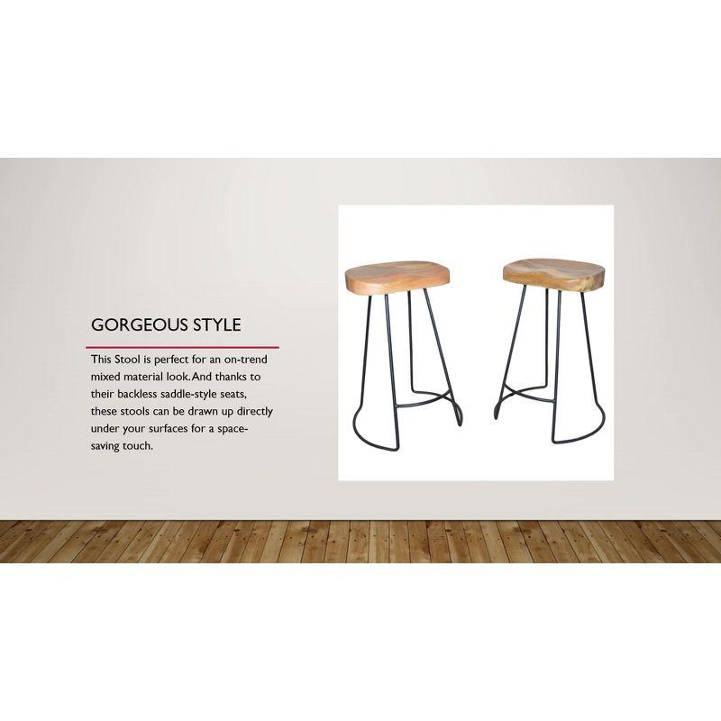 Saddle-Style Natural Mango Wood and Black Metal 30" Barstool Set