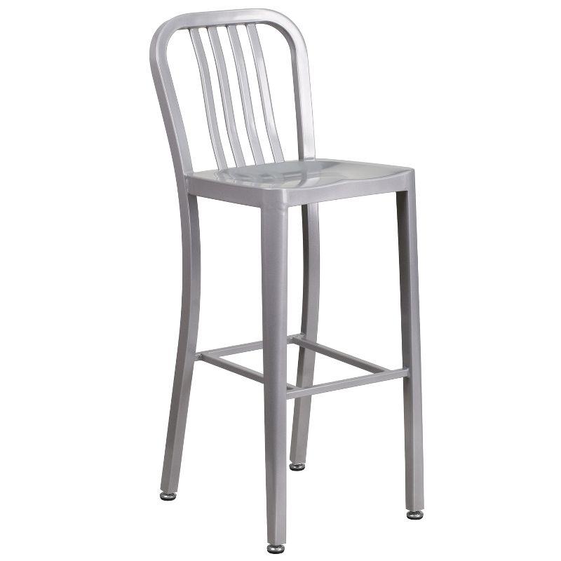 Silver Metal 30" High Indoor-Outdoor Barstool with Slat Back