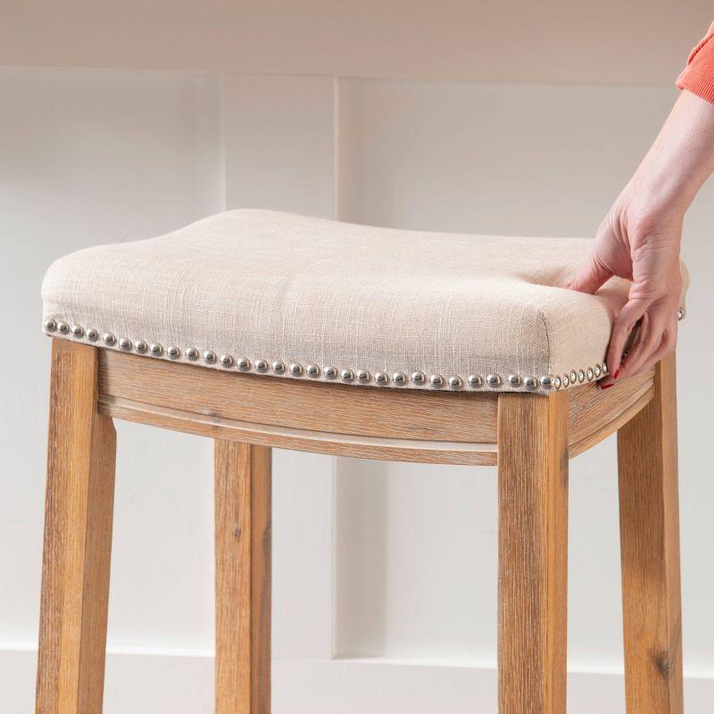 Claridge Backless Nailhead Saddle Acacia Counter Height Barstool Natural - Linon: Chic Beige Linen Seat, Rubberwood
