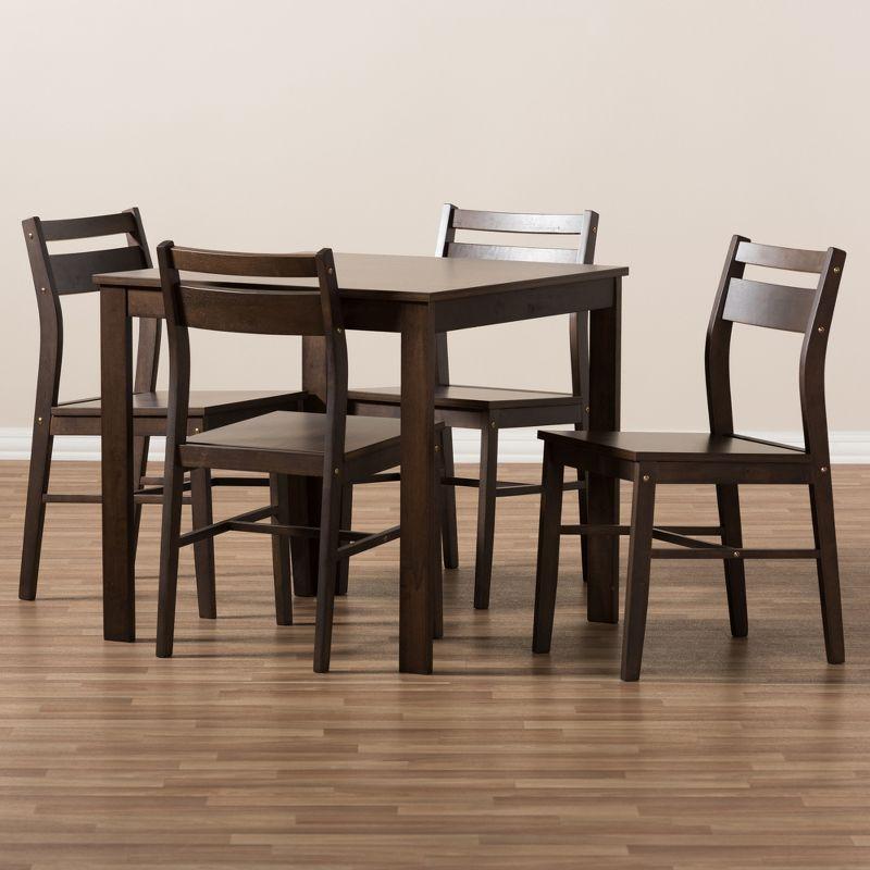 5-Piece Dark Brown Rubberwood Dining Set with Square Table