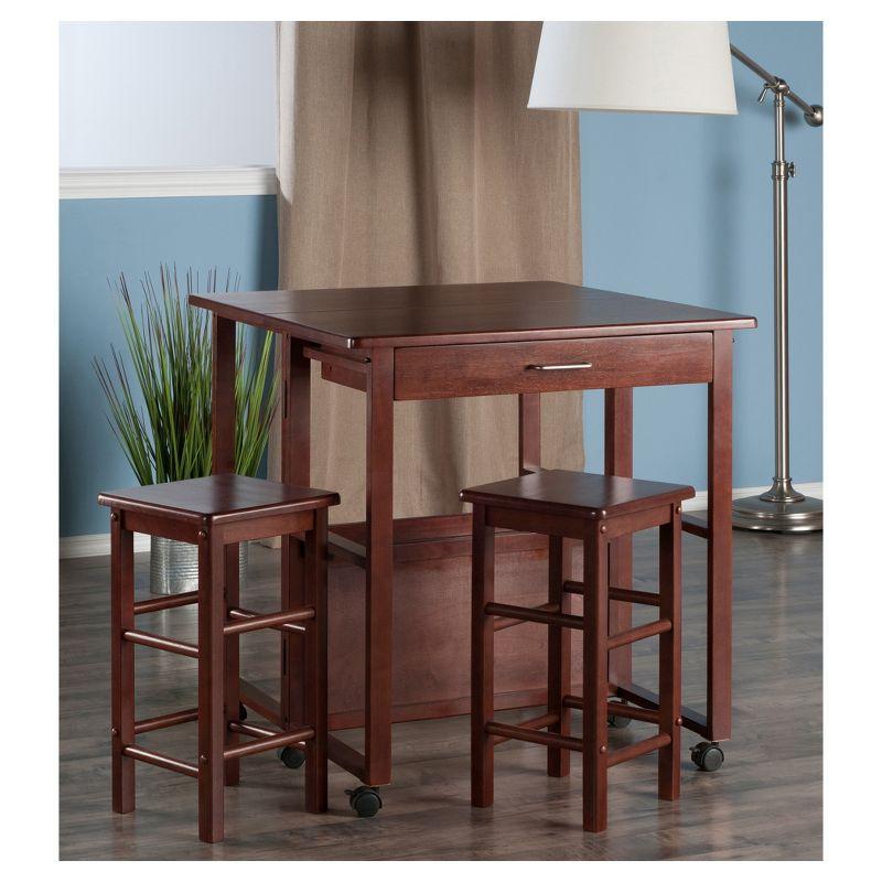 3pc Extendable Dining Table Set Fremont Space Saver Walnut - Winsome: Hardwood Construction, 2 Hideaway Stools