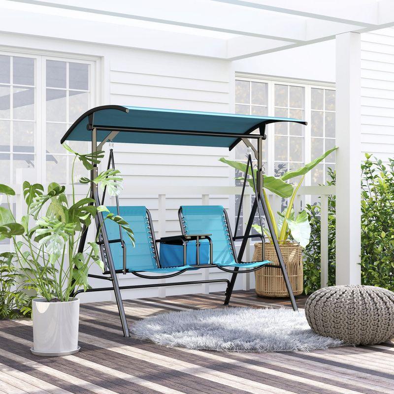 Outsunny 2 Person Porch Swing with Canopy, Covered Patio Swing with Pivot Storage Table, Cup Holder, & Adjustable Overhead Canopy, Blue