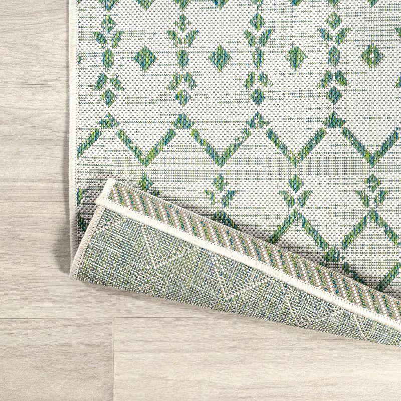 5' Round Ourika Moroccan Geometric Textured Weave Indoor/Outdoor Area Rug, Green/Ivory - JONATHAN Y