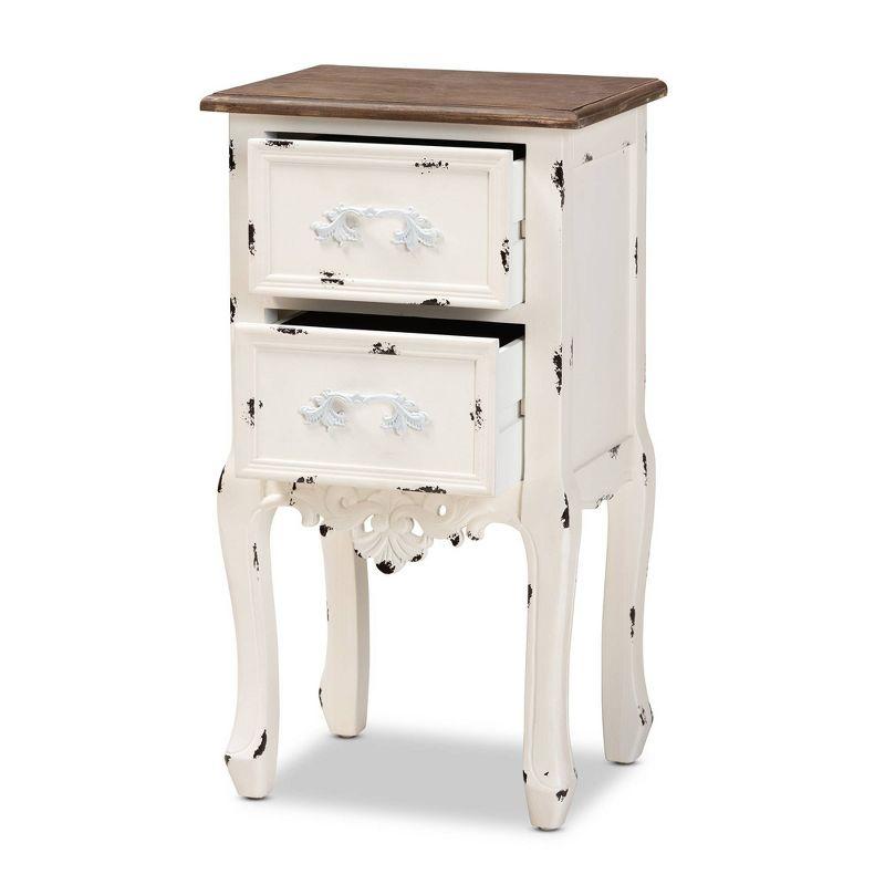 Levron Two-Tone and Antique Wood 2 Drawer Nightstand Walnut Brown/Antique White - Baxton Studio: Bedside Storage Table