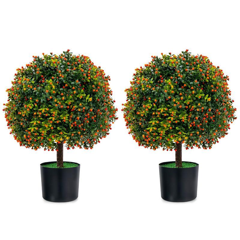 Costway 22'' Artificial Boxwood Topiary Ball Tree 2-Pack Faux Potted Plant w/Orange Fruit